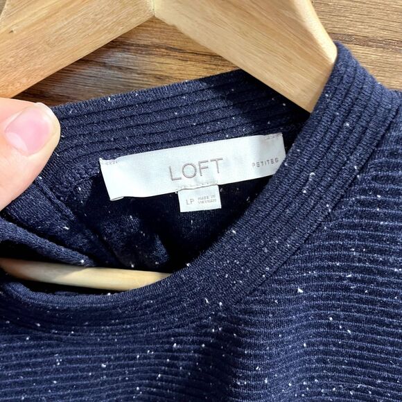 LOFT Sweater Dress Blue White Ribbed Button Back Longsleeve Cozy Work Wear LP - Picture 2 of 7